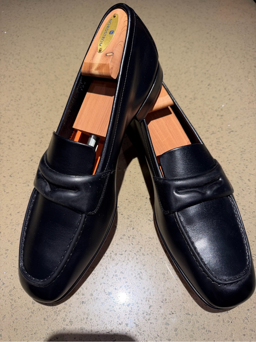 Santoni Men’s Black Leather Loafers Made in Italy 
Orange Leather Lining /sole